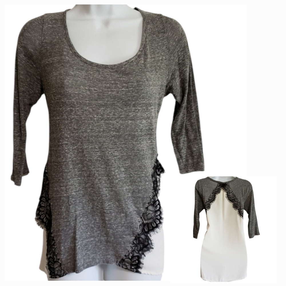 Maurices Womens Small Scoop Neck Lace Trim Sheer Back Panel Elbow Sleeve Shirt